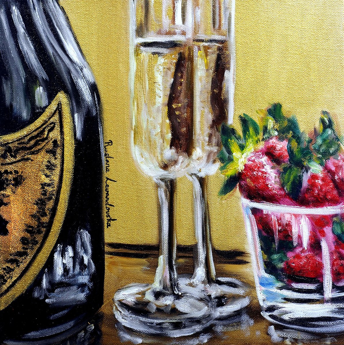 Impressionistic Still Life Oil Painting By Ruslana Levandovska, 12 X 12", Champagne Wishes, Original Artwork