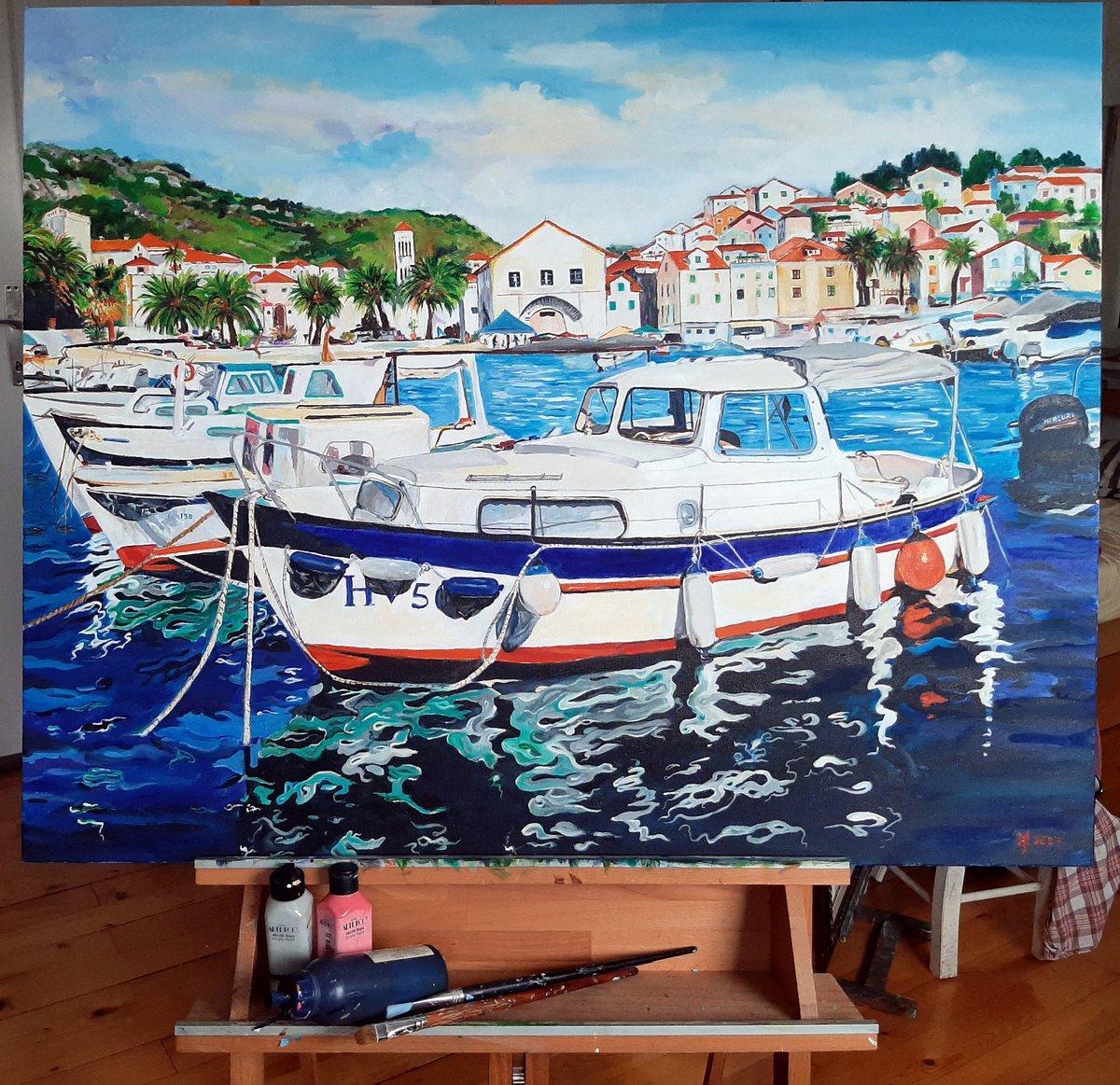 Impressionistic Landscape Acrylic Painting By Zoran Mihajlovic Muza, 39 X 31", Boats At Sea, Original Artwork