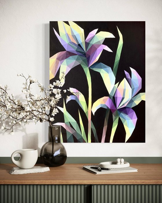 LILAC IRISES ON BLACK