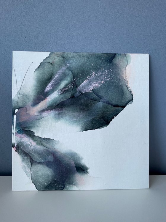 GREY LIGHT PINK BUTTERFLY - alcohol ink, canvas on cardboard