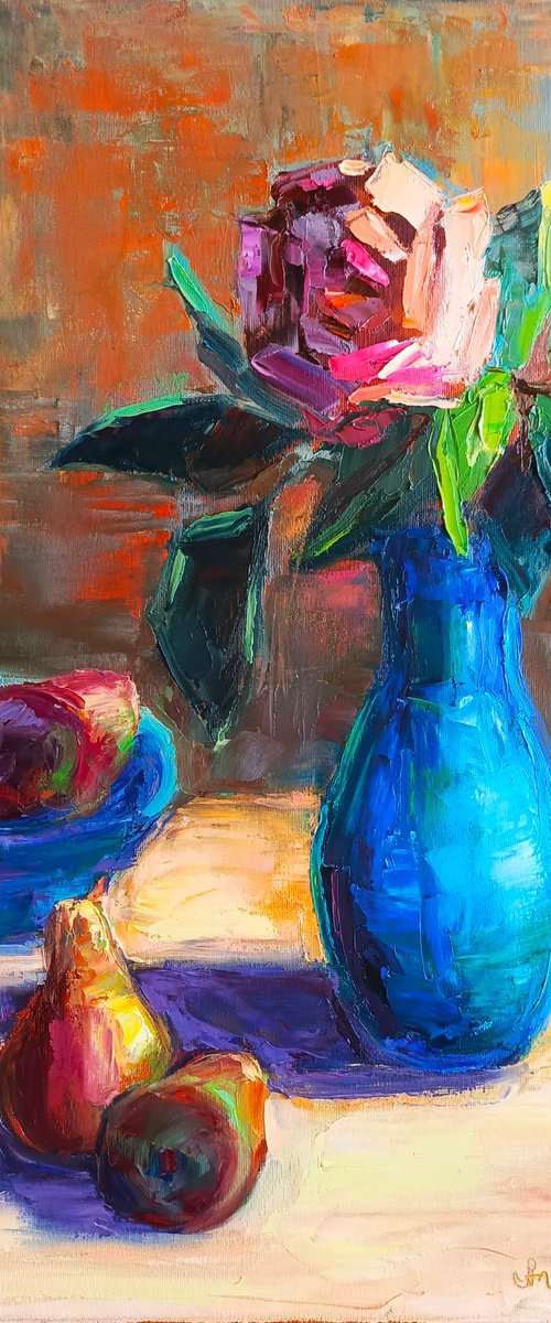 Red rose in a blue vase by Anastasia Art Line