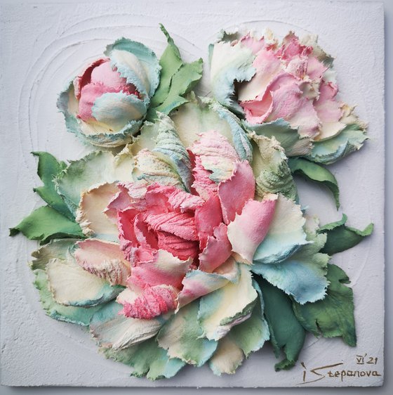 Peonies garden - 3d relief painting -Love is beautiful flowers - 2, 20x20x4 cm
