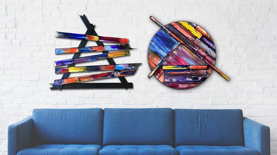 "Shape Up or Ship Out" - Save As A Series - Original PMS Sculptural Oil Painting Assemblage Diptych On Broken Wooden Pieces and Circular Wooden Panel - 63 x 28 inches