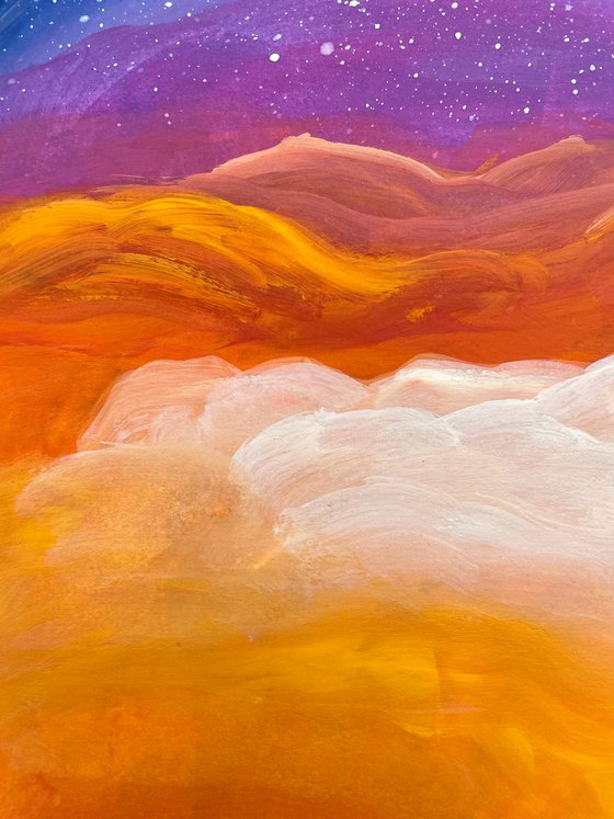 Sunset Sky Original Gouache Painting, Landscape Artwork, Boho Home Decor