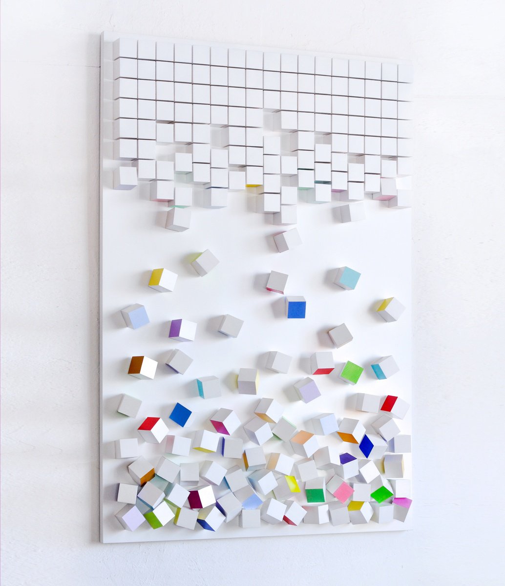 Geometric Abstract Relief By Andrij Savchuk, 28 X 39, Colorful Falling, Original Artwork