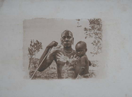 Parenthood, Cyanotype Print, Ethiopian Man with Son, Tea Toned, African tribal body painting, wall Art Photography