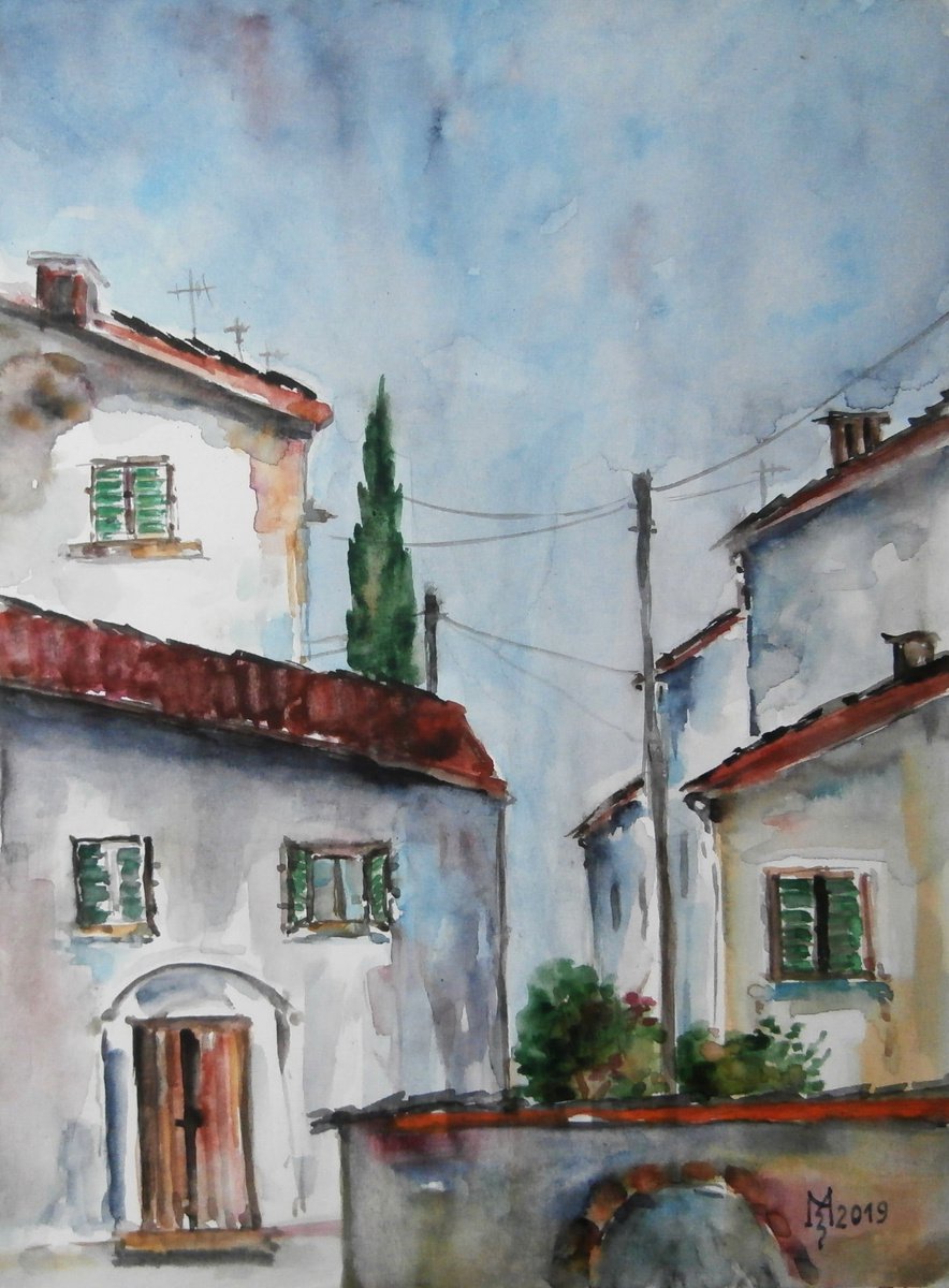 Impressionistic Cityscapes Watercolour By Zoran Mihajlovic Muza, 9 X 12", Old Town, Original Artwork