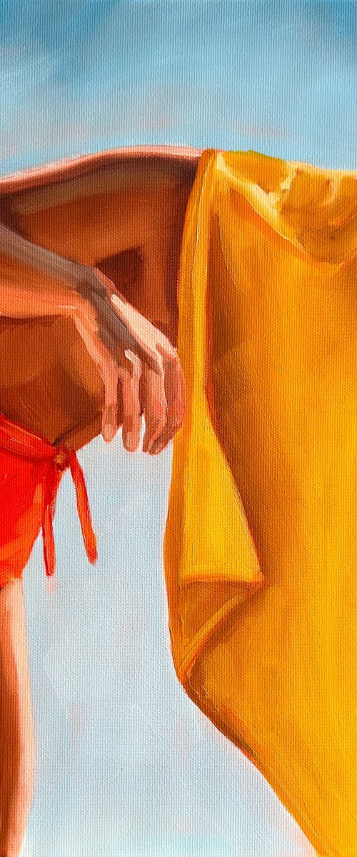 Girl with Yellow Towel - Woman on Beach Painting by Daria Gerasimova