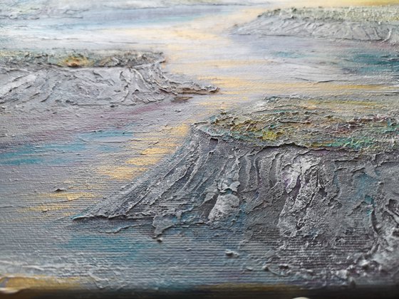 The relief mountain painting in yellow, gray and blue tones -Serenity - sunset in the mountains- 40x30x2 cm