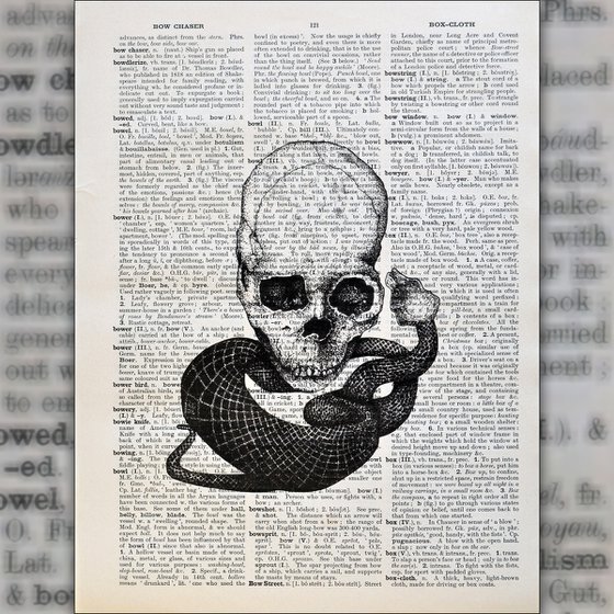 Skull and Snake - Collage Art on Large Real English Dictionary Vintage Book Page