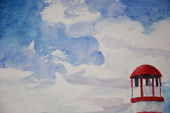 Lighthouse watercolor original painting, seascape wall art, coastal home decor