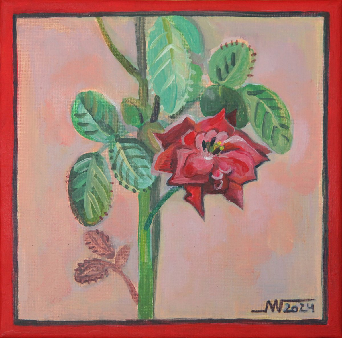 Botanical Acrylic Painting By Marina Gorkaeva, 8 X 8", Rose, Original Artwork