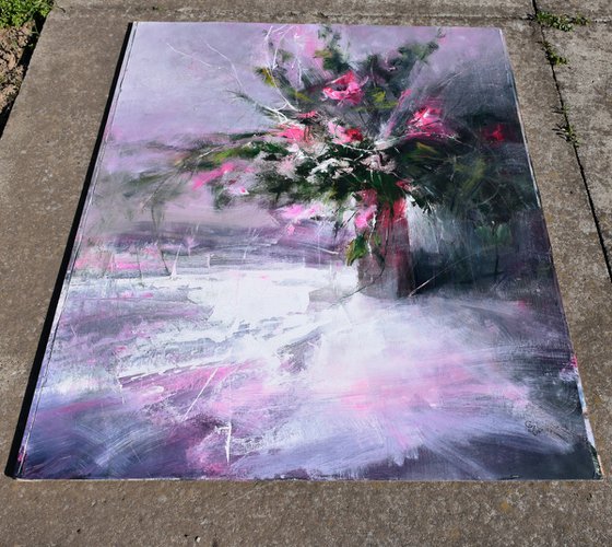 " Vase of pink flowers " W 97 x H 121 cm