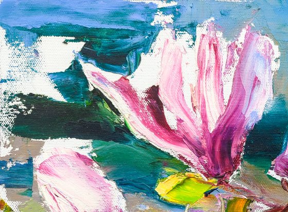 Magnolia branch, spring impressions . Blooming tree . Original oil painting