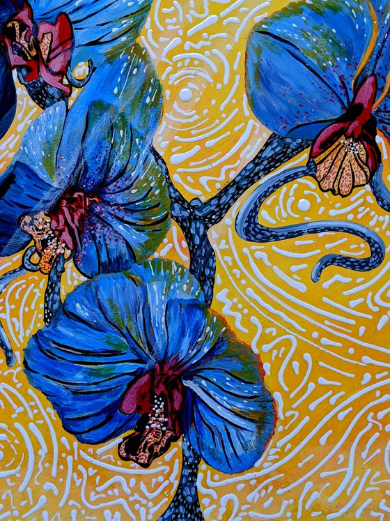 Hummingbird and Orchids  - Flower Acrylic Painting