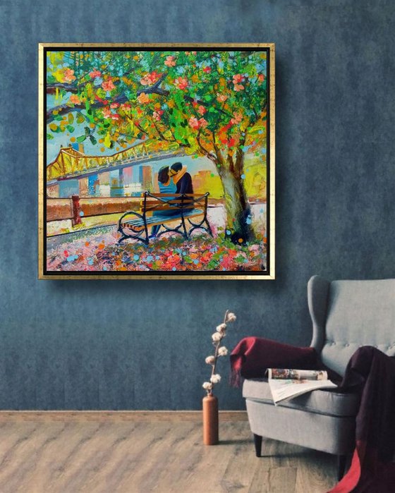 Roosevelt Island New York City Original Acrylic Painting on Canvas, Large Size Wall Art, NYC Cityscape with a Love Couple, Spring Blossoms Tree in New York, New York Scene
