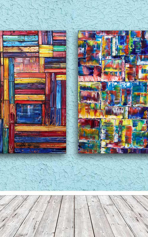 "Check Us Out" - FREE International Shipping/Discount USA Shipping - Original Xt Large PMS Abstract Diptych Oil Paintings On Canvas - 120" x 48" by Preston M. Smith (PMS)