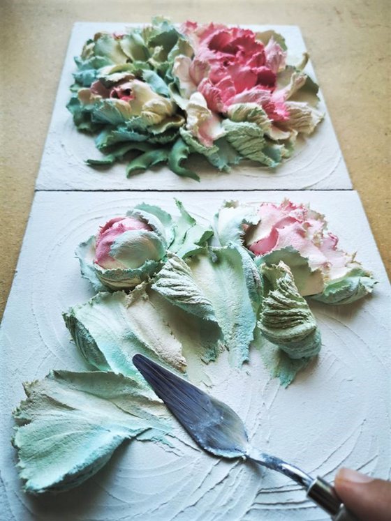 Peonies garden - 3d relief painting -Love is beautiful flowers - 2, 20x20x4 cm