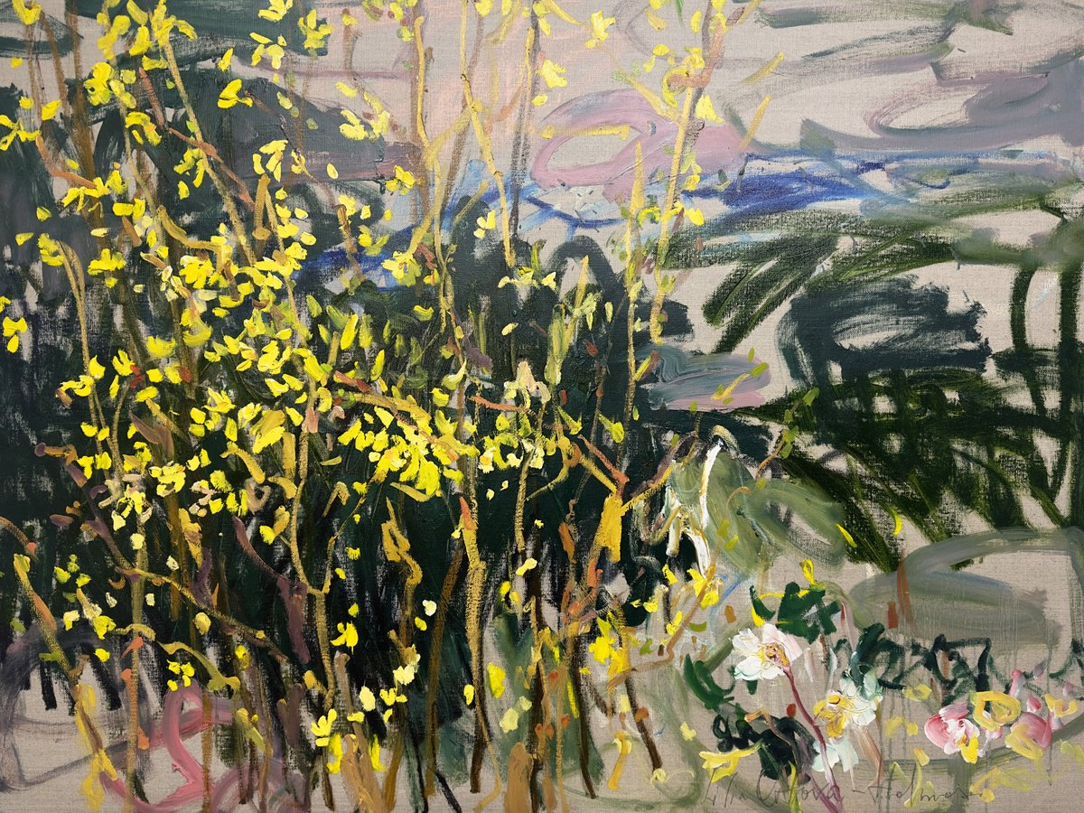 Expressive Landscape Oil Painting By Lilia Orlova-Holmes, 47 X 35", Yellow Blossoms., Original Artwork