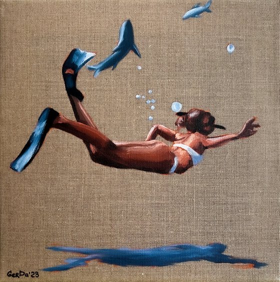 Snorkeling - Underwater Swimming Woman Painting