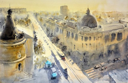 Sunce nad SKC-om Beograd, 53x35cm 2020 by Nenad Kojić watercolorist