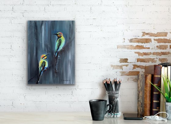 Two bright birds original oil painting , one of a kind, medium, home decor