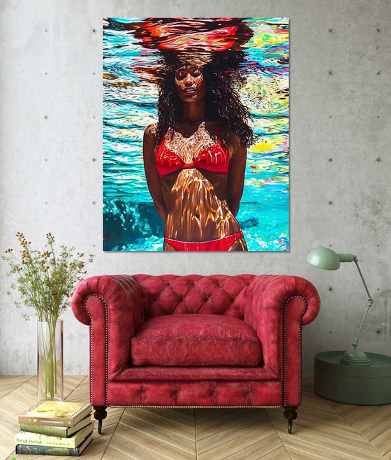 Beautiful black african american woman in red bikini under water in the swimming pool, sea, ocean with blue turquoise color waves with bright sun glares. Female portrait artwork, sexy body figure woman. Positive relax holiday colorful wall art home decor