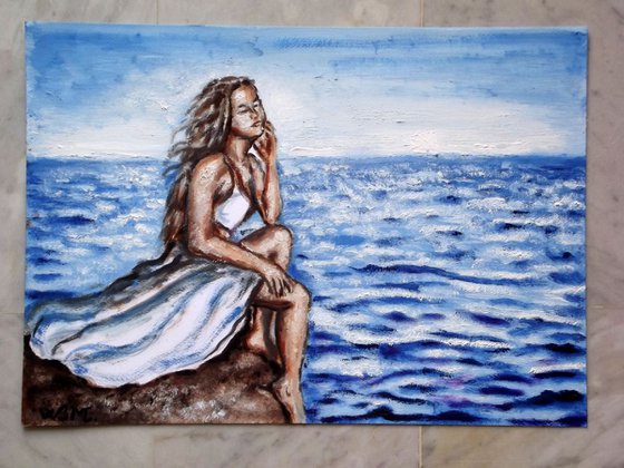 SEASIDE GIRL - WAVES' WHISPERS - Thick oil painting - 42x29.5cm