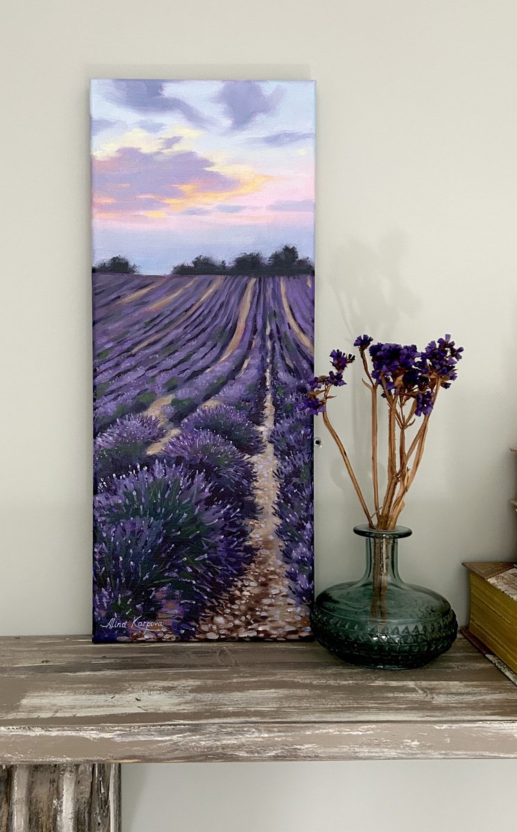 Impressionistic Landscape Oil Painting By Alina Karpova, 8 X 20, Lavender Fields, Original Artwork