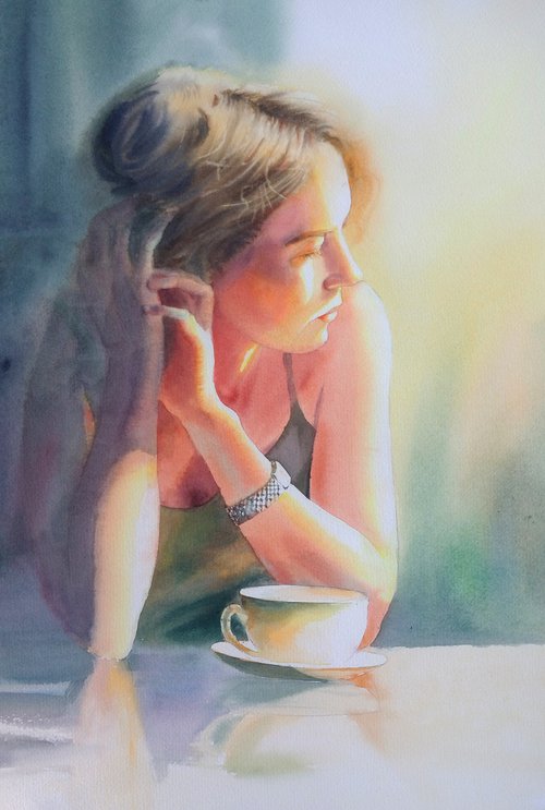 Girl sitting in cafe drinking coffee  - Summer sunny day -  morning coffee   - Portrait of Young Lady - Young Woman - Young Girl - Youth by Olga Beliaeva Watercolour