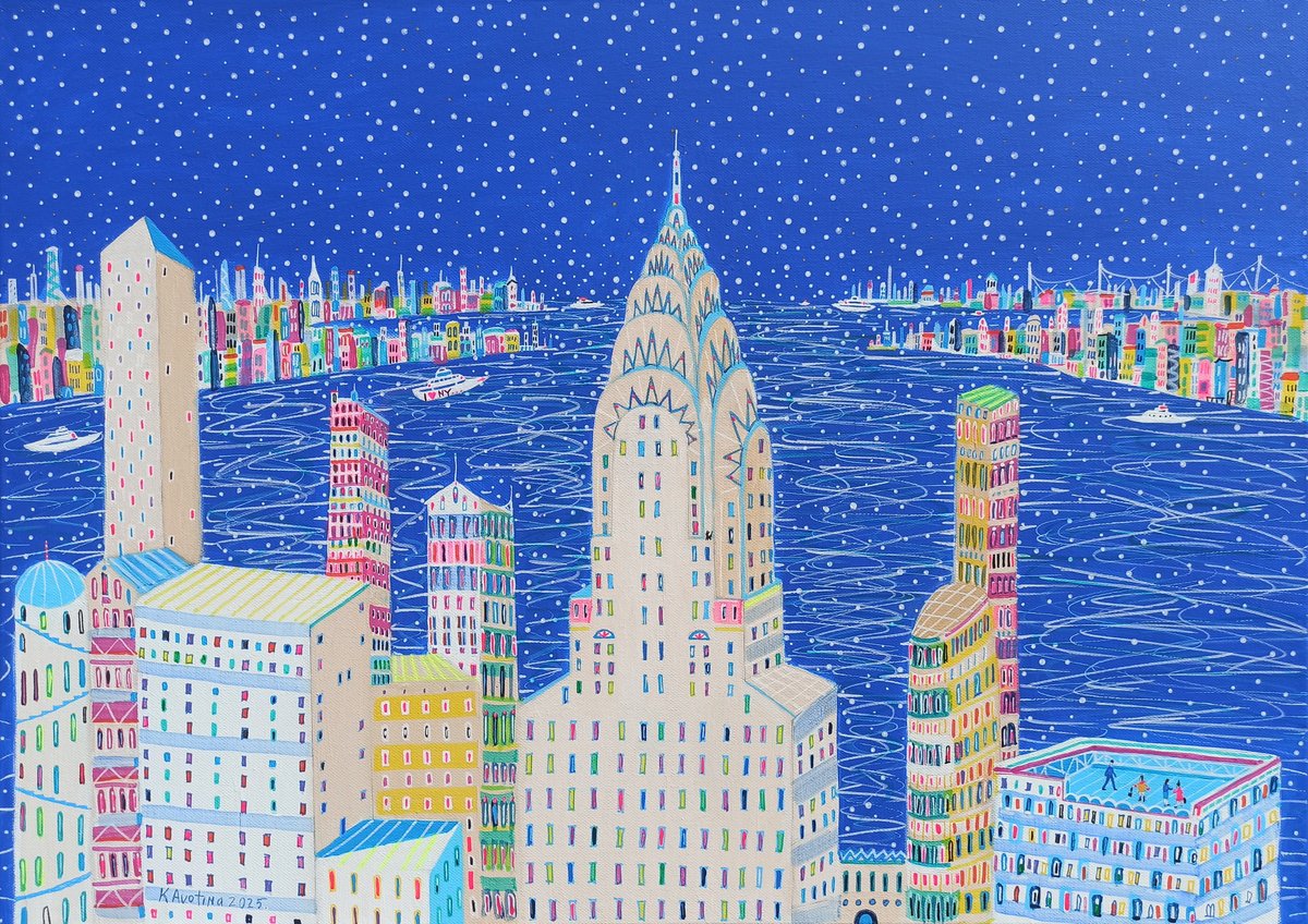 Impressionistic Cityscapes Acrylic Painting By Katrina Avotina, 28 X 20", Midnight Over Manhattan, Original Artwork