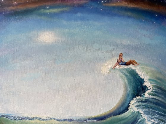 "On a wave under the stars". People. Orifinal Oil painting. Couple