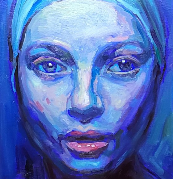 Girl in Blue, Contemporary Oil Original Expressive Portrait