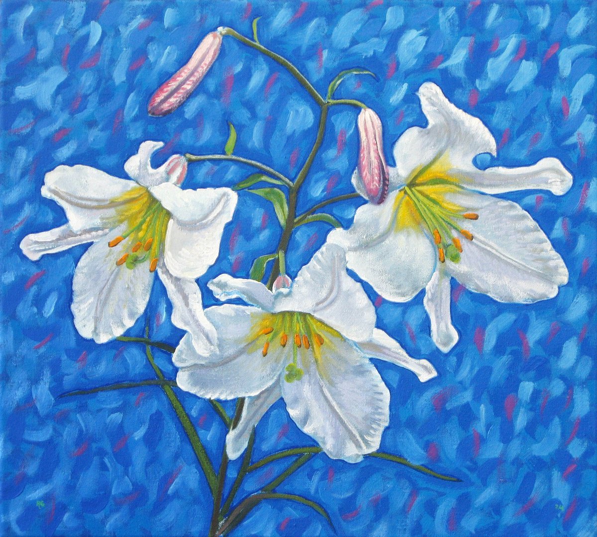 Botanical Oil Painting By Richard Gibson, 18 X 16", Three Lily Flowers, Original Artwork