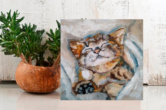 Sleeping Kitten Artwork Cat Oil Painting Funny Pet Wall Art