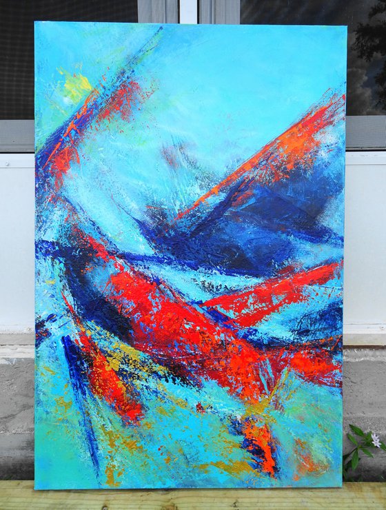 Large Abstract Blue Teal Red Landscape Painting. Modern Textured Art. Abstract. 61x91cm.