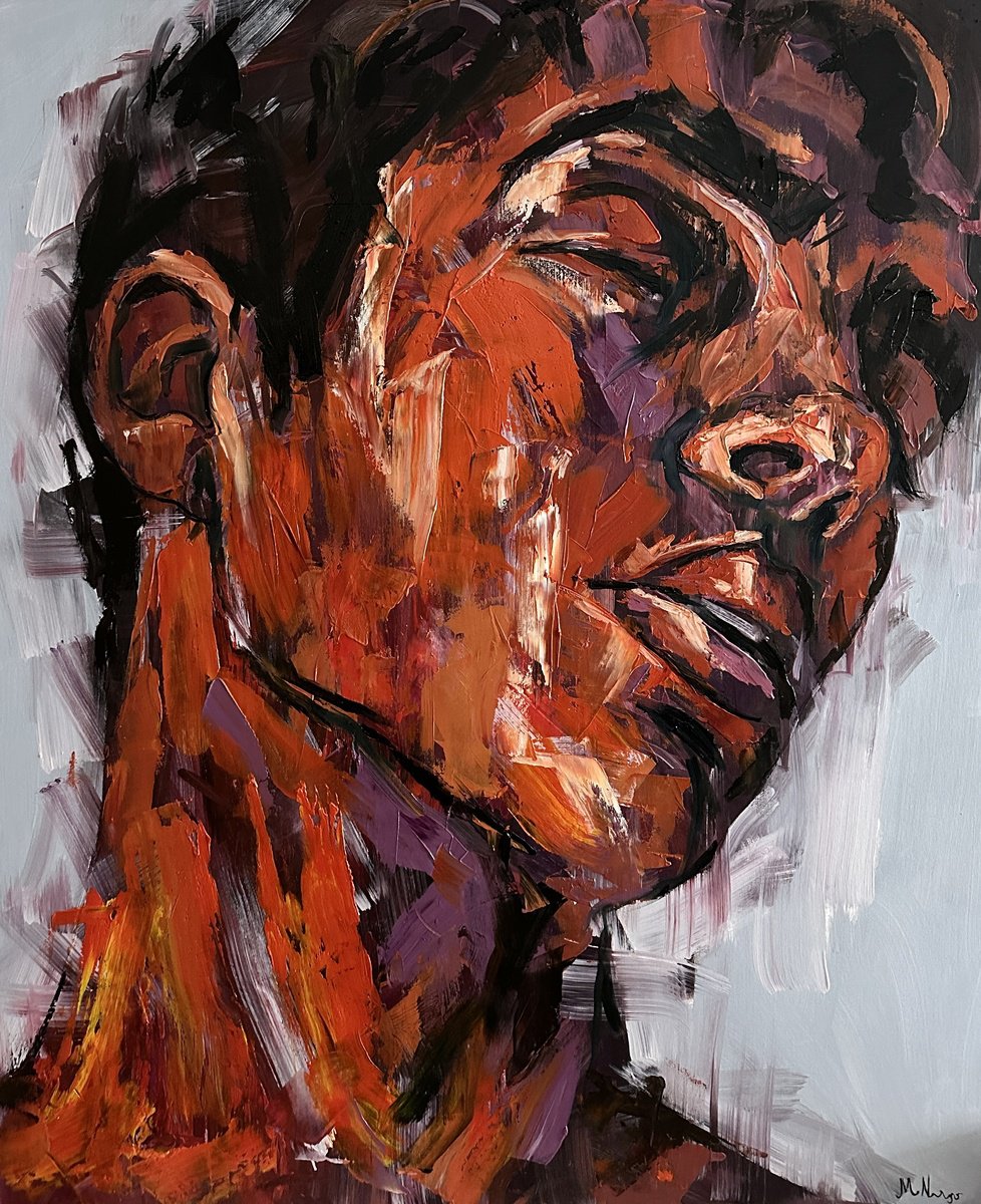 Expressive Portrait Oil Painting By Emmanouil Nanouris, 39 X 47, Red Flag, Original Artwork