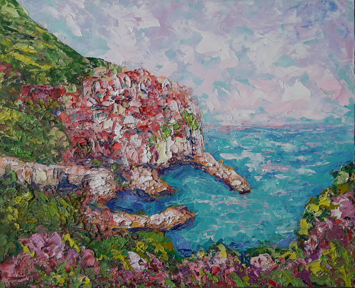 Manarola Painting Italy Original Art Seascape Impressionist Impasto Oil Painting by Kseniy... by Kseniya Kovalenko