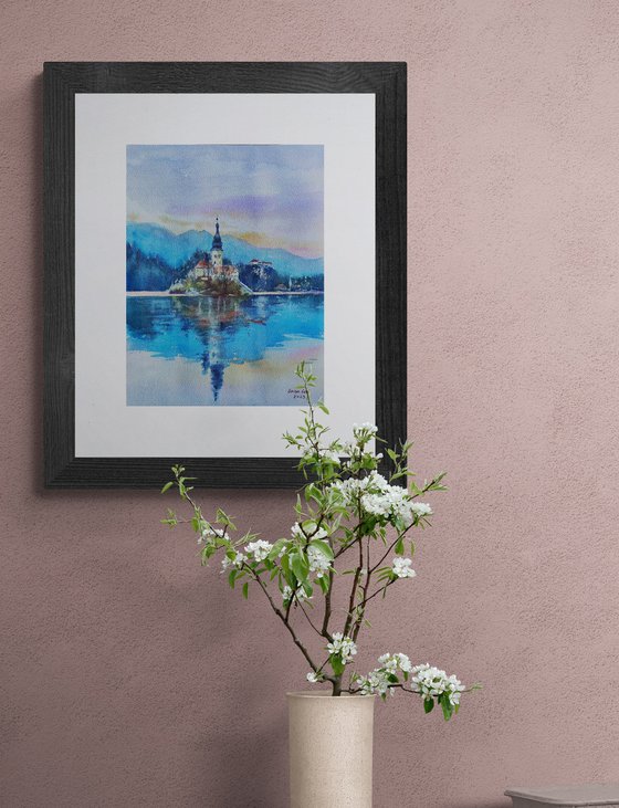 Bled lake Slovenia wall art watercolor original painting, Winter mountain lake, Decor for living room, Travel souvenir gift, Lakes church