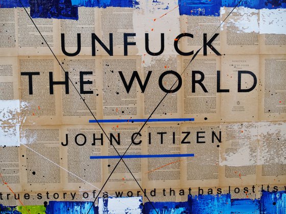 Unfuck The Blue World 140cm x 100cm Textured Book Page Urban Pop Art