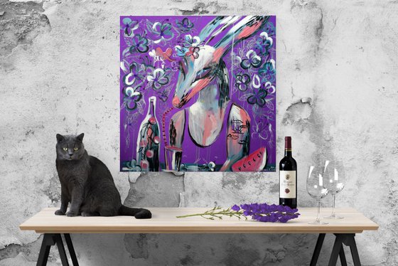 Rabbit with a cocktail in the lilac garden in spring