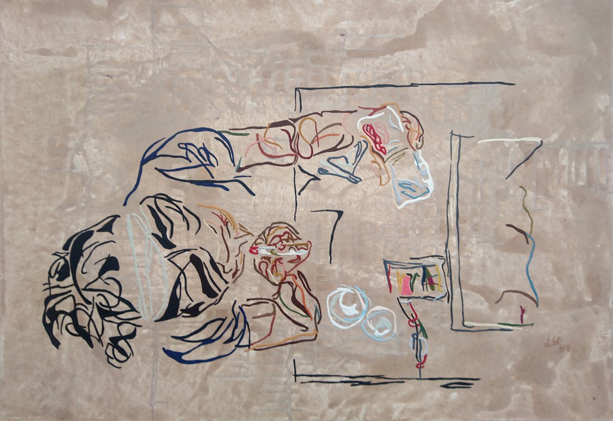 Expressive Portrait Acrylic Painting By Uli Lachelt, 51 X 35", Young Woman Applying Make-Up, Original Artwork