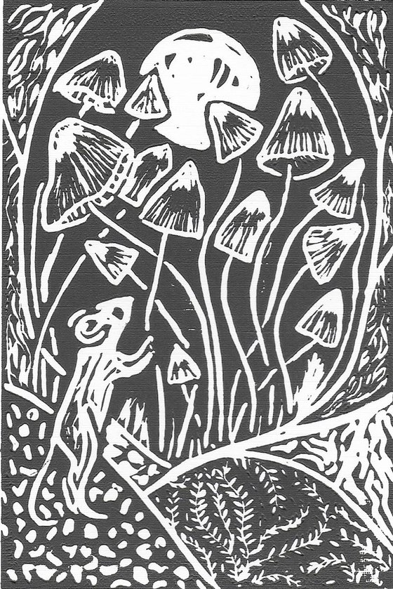 Wood Mouse and Mushrooms - Original Lino Print