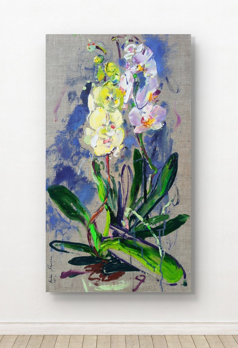 Expressive Botanical Oil Painting By Helen Shukina, 18 X 31, Orchids, Original Artwork