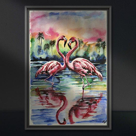 Flamingos at Sunset