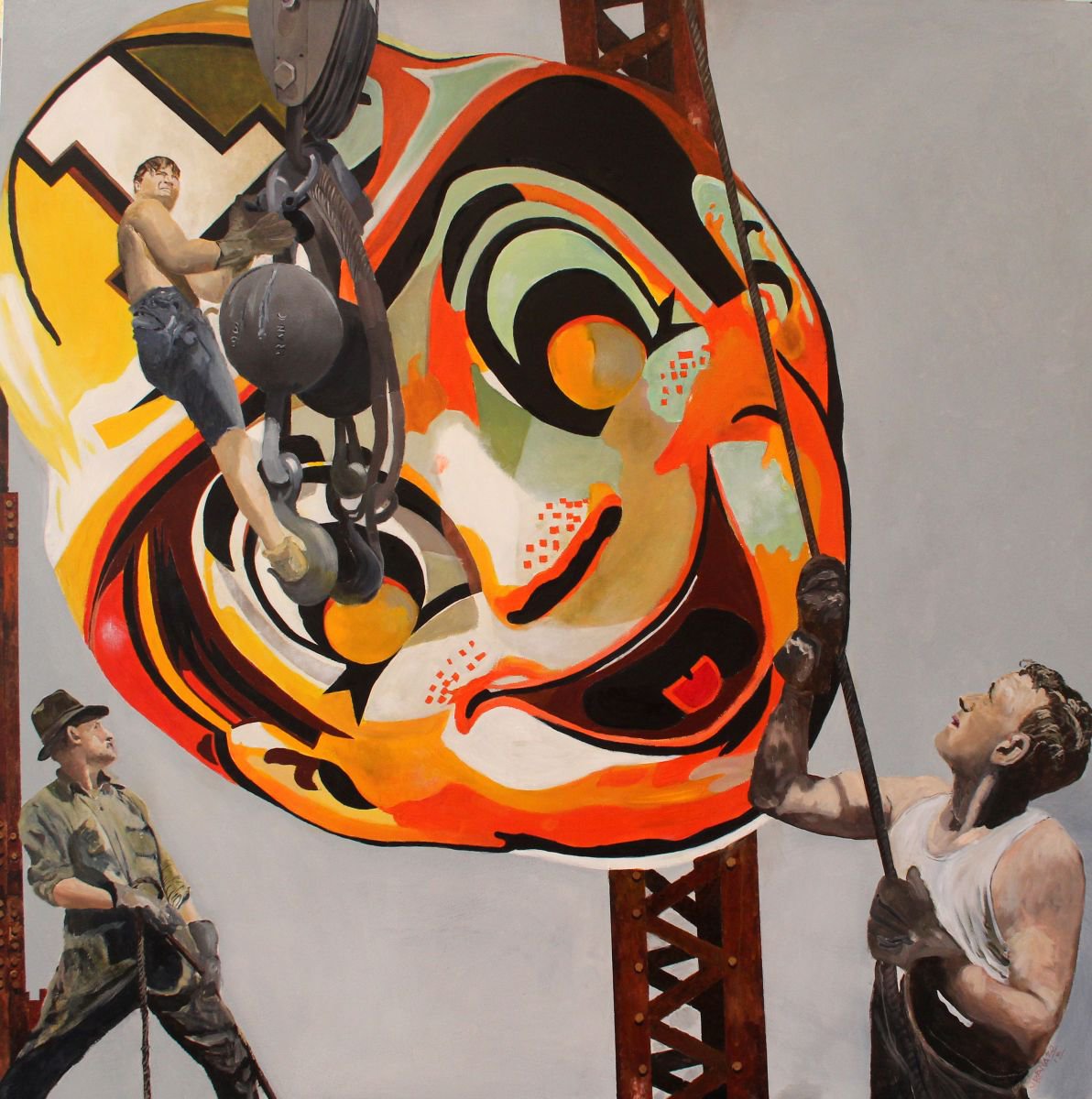 Photorealistic Cityscapes Acrylic Painting By Ken Vrana, 48 X 48", Clown Erection, Original Artwork