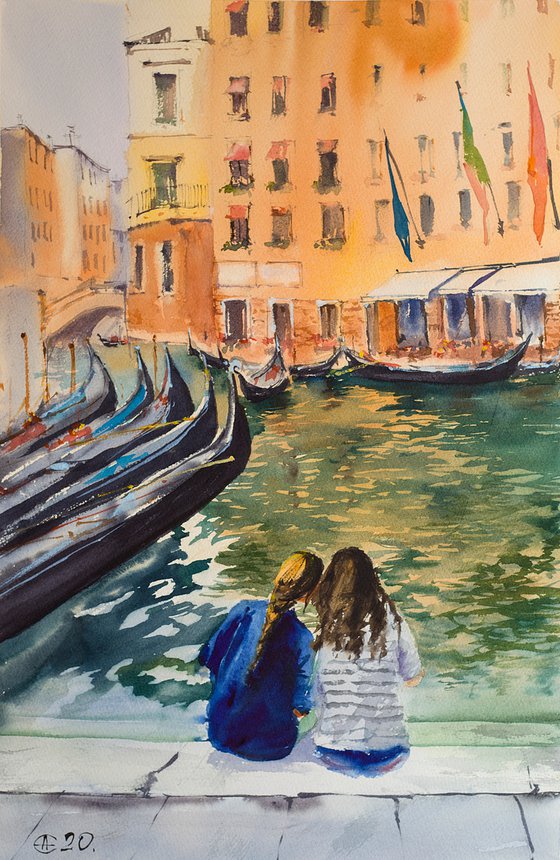 Venice. Two friends. Big format watercolor urban landscape Mediterranean italy sea bright architecture friendship girls urban gondola old travel