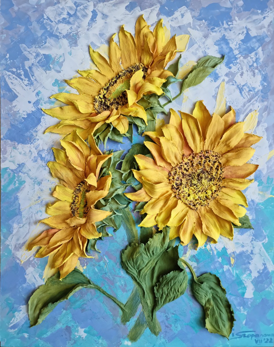 Photorealistic Still Life Relief By Irina Stepanova, 16 X 20, Sunflowers /Floral Relief, Original Artwork