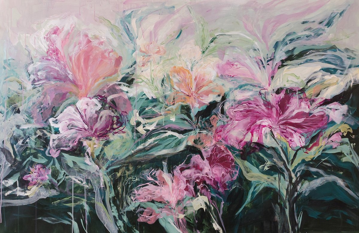 Impressionistic Botanical Acrylic Painting By Katia Solodka, 55 X 35", Garden Of Dream 10, Original Artwork