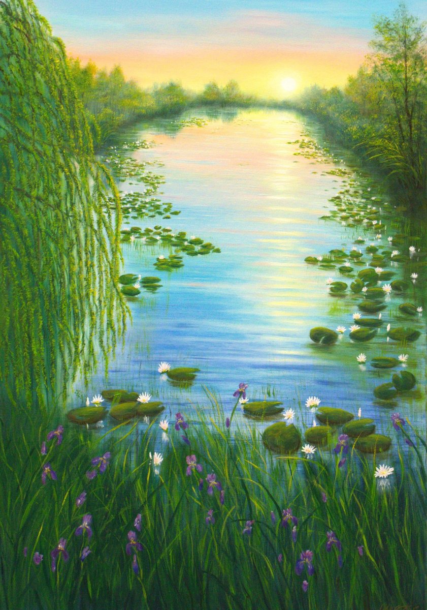 Impressionistic Landscape Oil Painting By Ludmilla Ukrow, 28 X 39", Water Lily Pond, Original Artwork